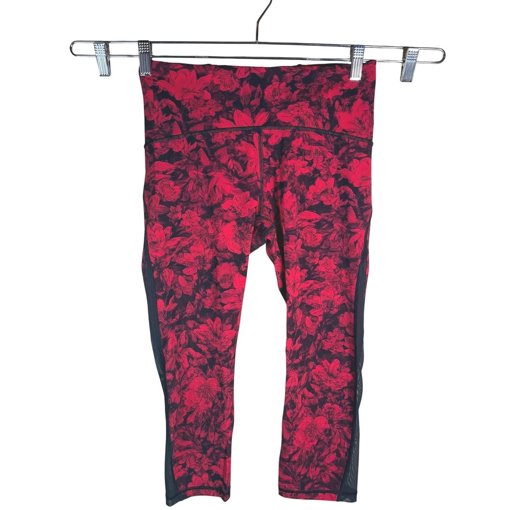 Lululemon Wunder Under Womens 8 Red Black Floral Carmine Crop Leggings 24in Yoga